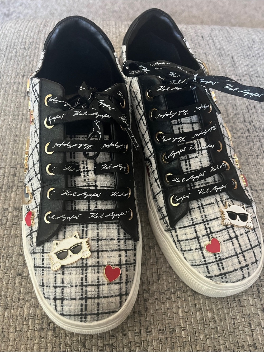 Karl Lagerfeld Black & White Tweed Sneakers with Red Heart Charms